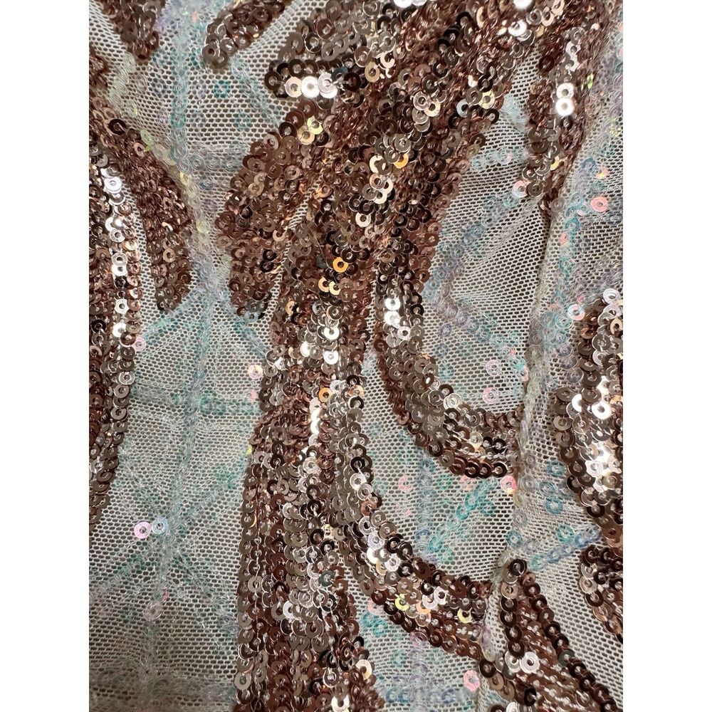 Rose Gold Sequin Embellished Dress S Feather Cuffs Nude Mesh Party Cocktail Glam - Picture 6 of 16